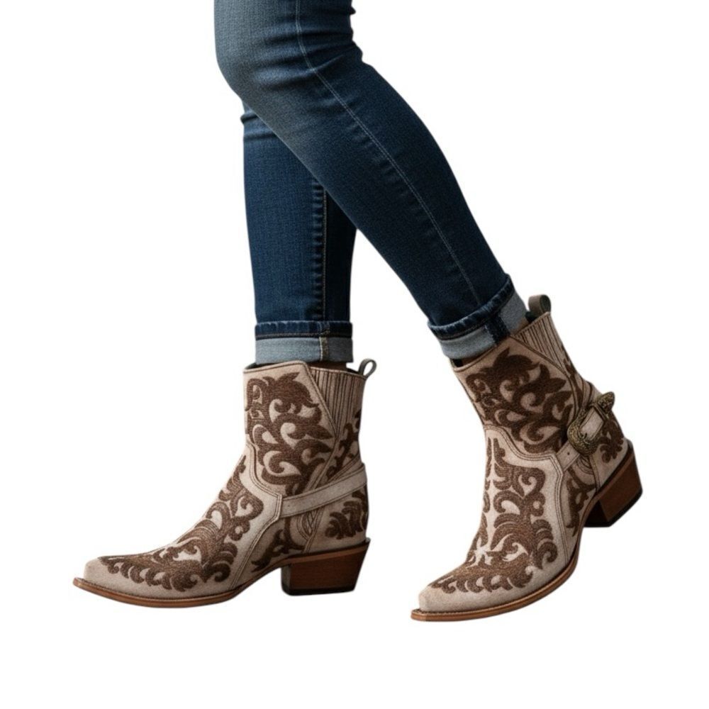 Corral Beige & Brown Leather Ankle Distressed Boots(8.5M)